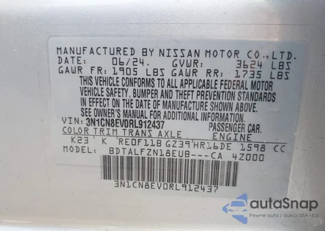 2024 Nissan Versa 1.6 Sv from USA, damaged, VIN 3N1CN8EV0RL912437